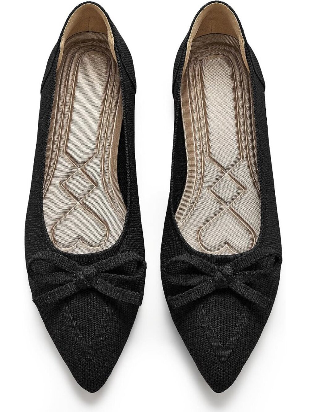 Women's Black Pointed Toe Bow Knit Ballet Flats Comfortable Slip On Dressy Shoes
